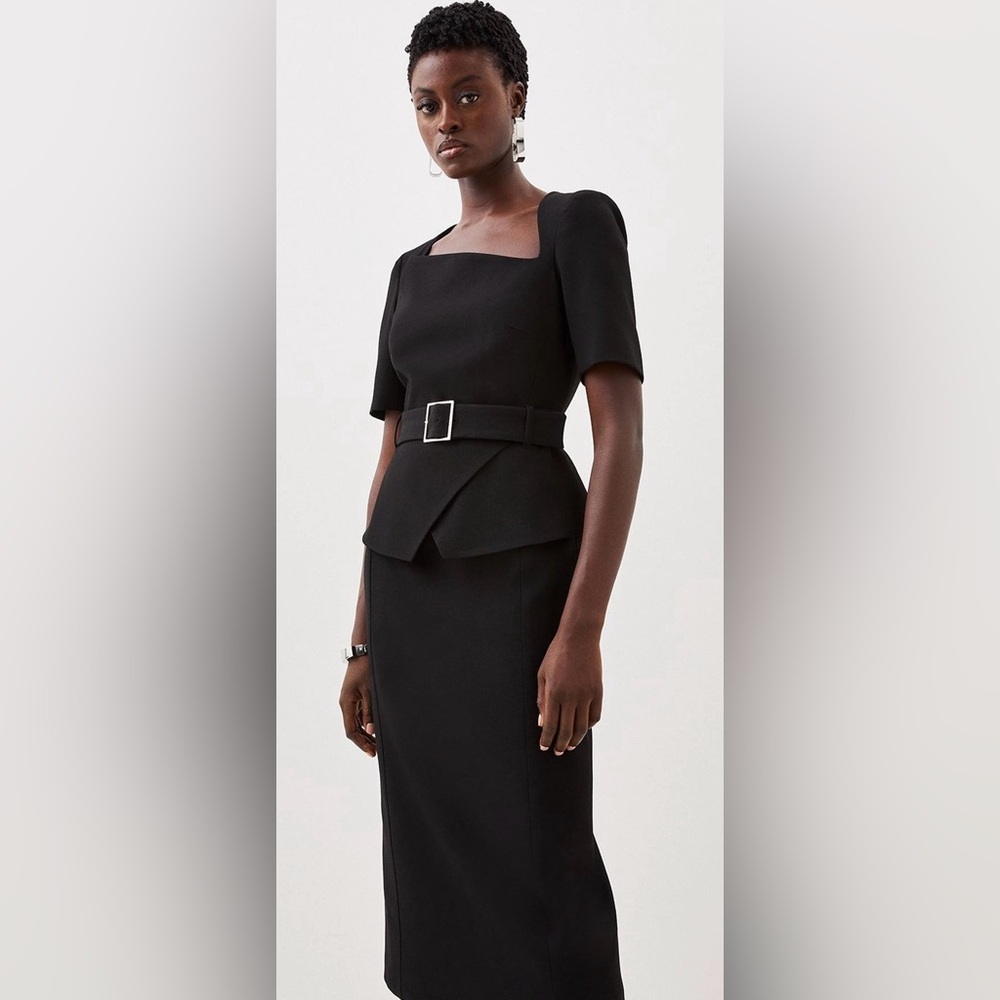 Structured crepe assymetric belted midi pencil dress Karen Millen size 12